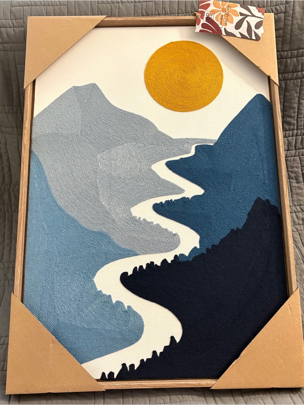 Textured Mountain River Canvas Wall Art with Mustard Sun